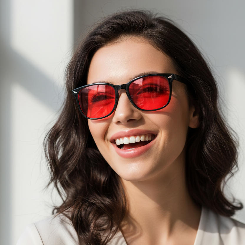 Female Model with Blue Light Glasses - Close-up
